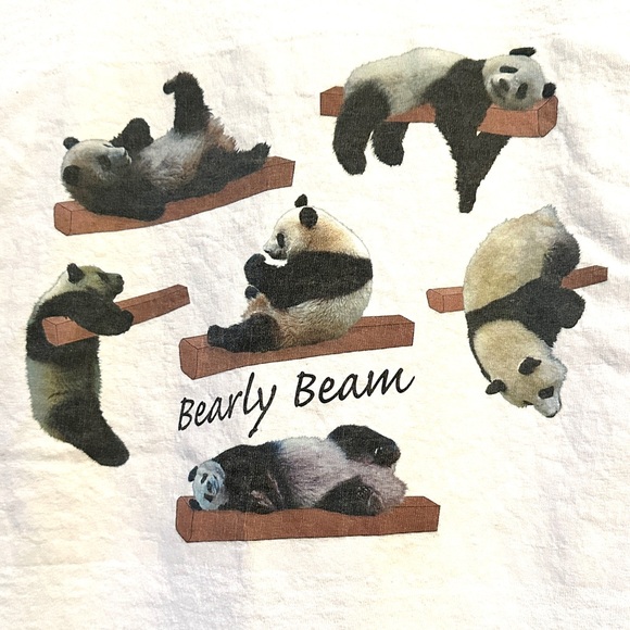 Gymnast collection! White T-shirt, youth size Large, “Bearly Beam” posing pandas - Picture 1 of 3